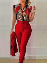 Load image into Gallery viewer, Leopard Print Colorblock Two-piece Set, Flutter Sleeve Button Top &amp; Slim Belted Pants Outfits - Shop &amp; Buy
