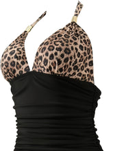 Load image into Gallery viewer, Leopard Print One-piece Swimsuit, Halter V Neck Ruched Tummy Control Athing Suits - Shop &amp; Buy
