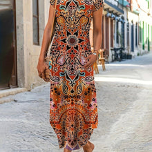 Load image into Gallery viewer, Long Length Tribal Print Fit and Flare Short Sleeve Dress - Elegant Boho Crew Neck A-line Dress with High Elasticity and Slit Hem - Shop &amp; Buy
