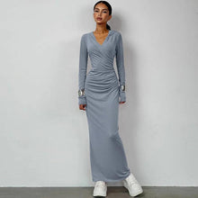 Load image into Gallery viewer, Lounge Wear Solid Hoodie Long Dress for Women Sexy Wrap V Neck Ruched Slim Maxi Dresses Fall Streetwear - Shop &amp; Buy
