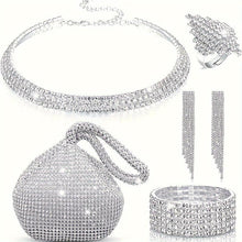 Load image into Gallery viewer, Luxury Vintage Bridal Jewelry Set - Necklace, Earrings, Bracelet, Ring &amp; Clutch, Rhinestone-Adorned, Silver Plated - Shop &amp; Buy
