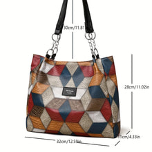 Load image into Gallery viewer, Multi-Color Geometric Patchwork Tote Bag For Women, Casual PU Shoulder Handbag, Large Capacity With Chain Detail - Shop &amp; Buy
