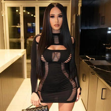 Load image into Gallery viewer, New Fall Hollow Out Solid Mini Dress for Women Sexy Cold Shoulder Long Sleeve Bodycon Night Club Party Dresses Clothes - Shop &amp; Buy
