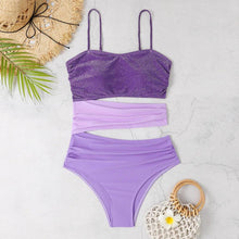 Load image into Gallery viewer, New Shiny Purple Contrast Swimsuit Women Halter Hollow Out Patchwork One Piece Swimwear Beach Bathing Suit Pleate Monokini - Shop &amp; Buy
