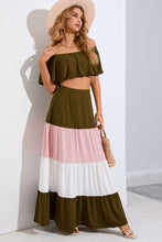 Load image into Gallery viewer, Off-Shoulder Crop Top and Color Block Tiered Skirt Set - Shop &amp; Buy