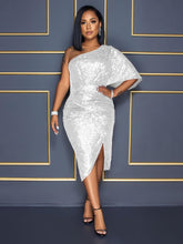 Load image into Gallery viewer, One-shoulder Sequin Draped Dress, Elegant Cape Sleeve Skew Neck Asymmetric Hem Dress - Shop &amp; Buy
