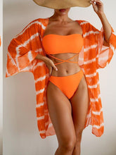 Load image into Gallery viewer, Orange Tie Dye Long Sleeve Cover-ups 3 Piece Bikini Set Swimwear Women Bandeau Push Up Bandage Cross High Waist Swimsuit - Shop &amp; Buy