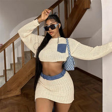 Load image into Gallery viewer, Patchwork Denim Sweater White Two Piece Set for Women Sexy Knitted Crop Top + Mini Skirts Skinny Club Party Outfits Casual Suits - Shop &amp; Buy
