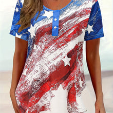 Load image into Gallery viewer, Patriotic Stretch-Cotton T-Shirt - Women&#39;s Casual Button-Up, American Flag Print, Perfect for Summer - Shop &amp; Buy
