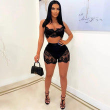 Load image into Gallery viewer, Perl Charming Lace See Though Women&#39;s Sexy Party Two 2 Piece Set Outfits Solid Spaghetti Strap Crop Top and Shorts Suit - Shop &amp; Buy
