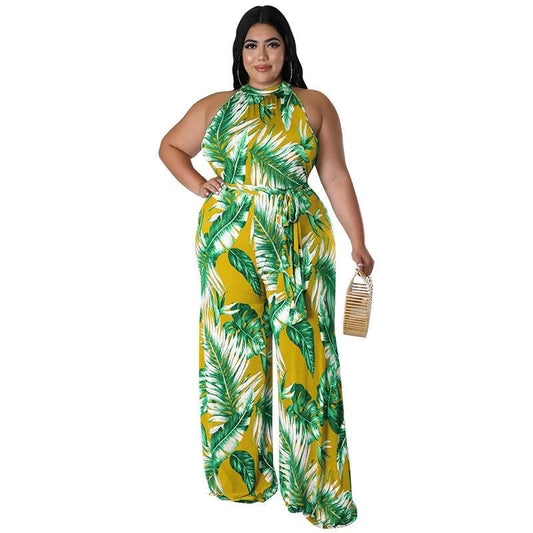 Perl Fashion Printed Holiday Jumpsuit for Women Plus Size Sleeveless Summer Outfit Casual Wide Leg Jumpsuit Overall Big Size - Shop & Buy