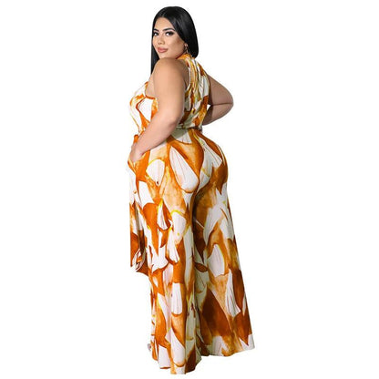 Perl Fashion Printed Holiday Jumpsuit for Women Plus Size Sleeveless Summer Outfit Casual Wide Leg Jumpsuit Overall Big Size - Shop & Buy