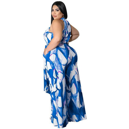 Perl Fashion Printed Holiday Jumpsuit for Women Plus Size Sleeveless Summer Outfit Casual Wide Leg Jumpsuit Overall Big Size - Shop & Buy