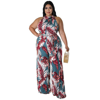 Perl Fashion Printed Holiday Jumpsuit for Women Plus Size Sleeveless Summer Outfit Casual Wide Leg Jumpsuit Overall Big Size - Shop & Buy