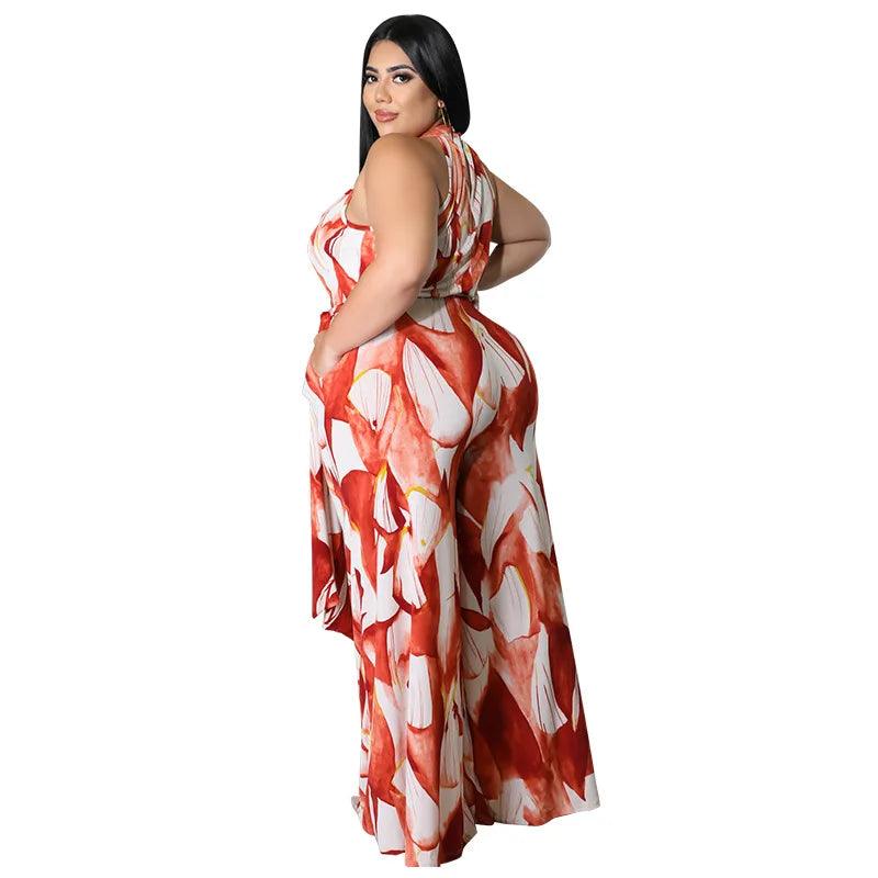 Perl Fashion Printed Holiday Jumpsuit for Women Plus Size Sleeveless Summer Outfit Casual Wide Leg Jumpsuit Overall Big Size - Shop & Buy