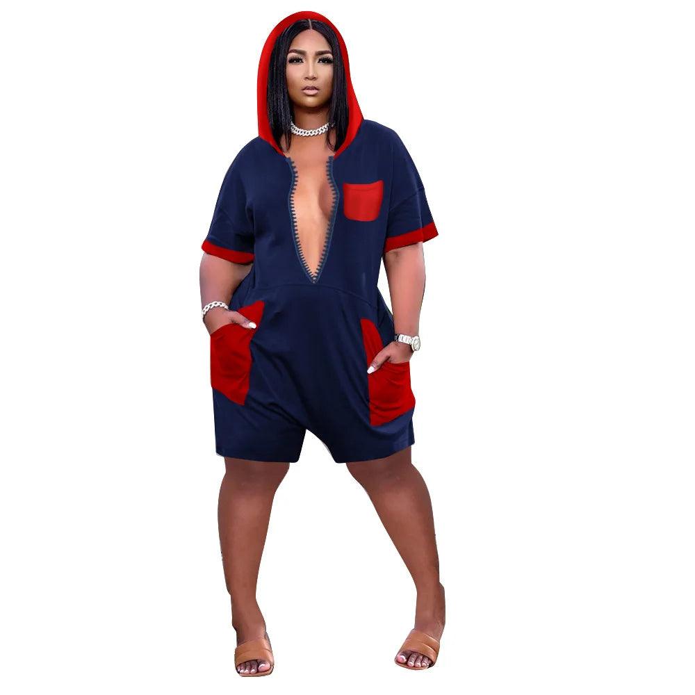 Perl Hooded Pocket Short Sleeve Jumpsuit for Women Zipper Loose Rompers Plus Size Summer Outfit Casual Fashion Clothes - Shop & Buy