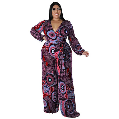 Perl Loose V-neck Full Sleeve Jumpsuit Overall for Women Plus Size Women Clothing Wide Leg Rompers One Piece Outfits - Shop & Buy