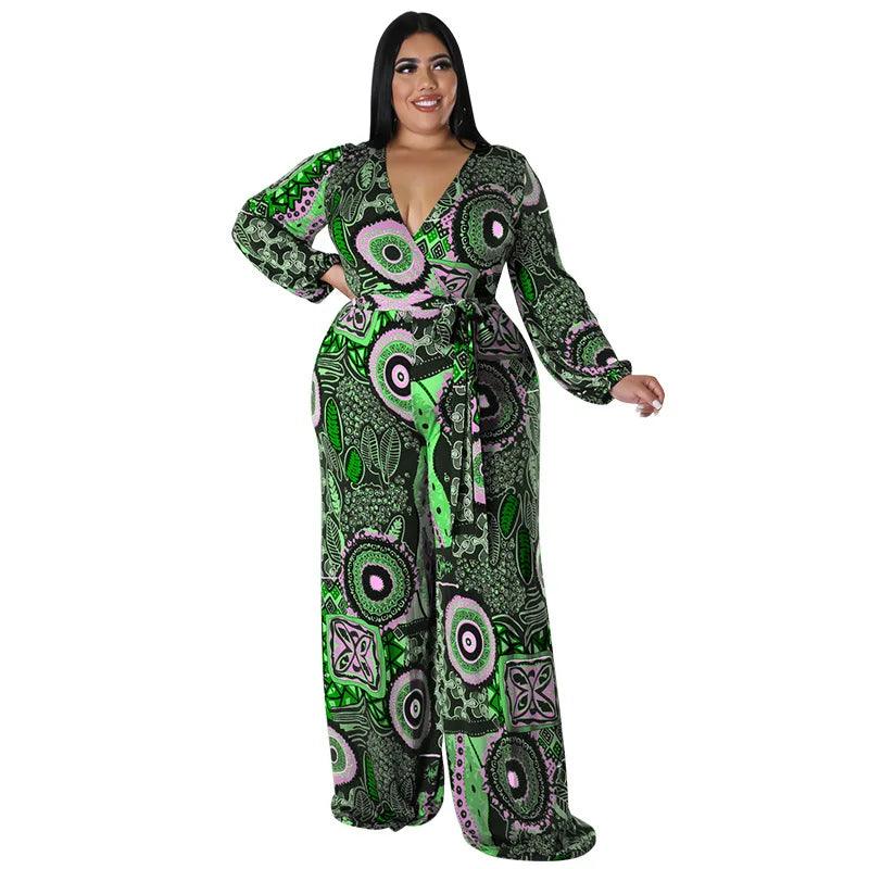 Perl Loose V-neck Full Sleeve Jumpsuit Overall for Women Plus Size Women Clothing Wide Leg Rompers One Piece Outfits - Shop & Buy