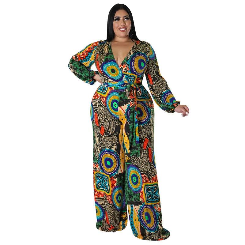 Perl Loose V-neck Full Sleeve Jumpsuit Overall for Women Plus Size Women Clothing Wide Leg Rompers One Piece Outfits - Shop & Buy