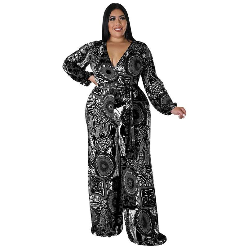 Perl Loose V-neck Full Sleeve Jumpsuit Overall for Women Plus Size Women Clothing Wide Leg Rompers One Piece Outfits - Shop & Buy