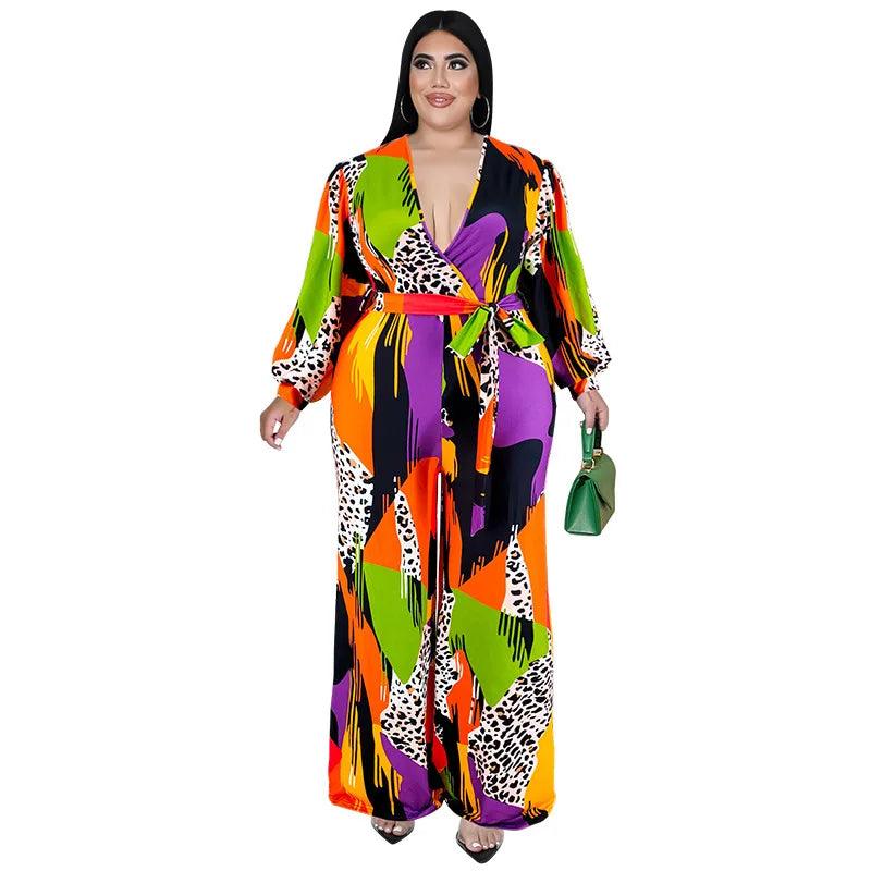 Perl Plus Size Full Sleeve Jumpsuit V-neck Wide Led Rompers with Belt Printed One Piece Overall Fashion Autumn Outfit - Shop & Buy