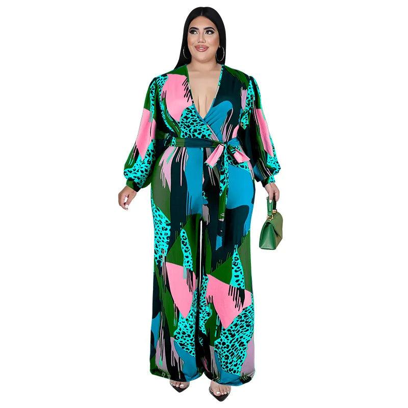 Perl Plus Size Full Sleeve Jumpsuit V-neck Wide Led Rompers with Belt Printed One Piece Overall Fashion Autumn Outfit - Shop & Buy