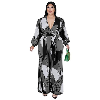 Perl Plus Size Full Sleeve Jumpsuit V-neck Wide Led Rompers with Belt Printed One Piece Overall Fashion Autumn Outfit - Shop & Buy