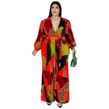 Perl Plus Size Full Sleeve Jumpsuit V-neck Wide Led Rompers with Belt Printed One Piece Overall Fashion Autumn Outfit - Shop & Buy