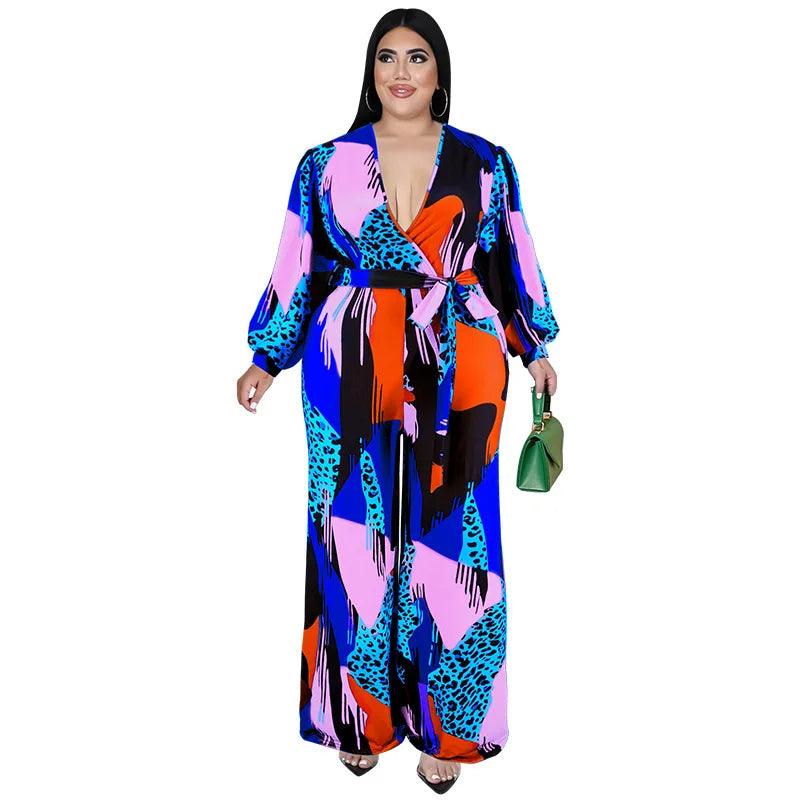 Perl Plus Size Full Sleeve Jumpsuit V-neck Wide Led Rompers with Belt Printed One Piece Overall Fashion Autumn Outfit - Shop & Buy