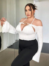 Load image into Gallery viewer, perl plus size one slash open back top for women halter bandage flare sleeve tees - Shop &amp; Buy
