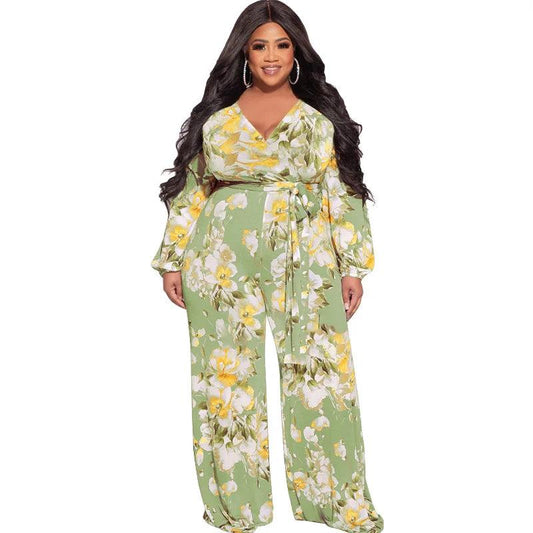 Perl Printed Curved Plus Size Clothing Fashion Loose Jumpsuit with Belt Wide Leg Overall Large Size Feminino Rompers Outfit - Shop & Buy