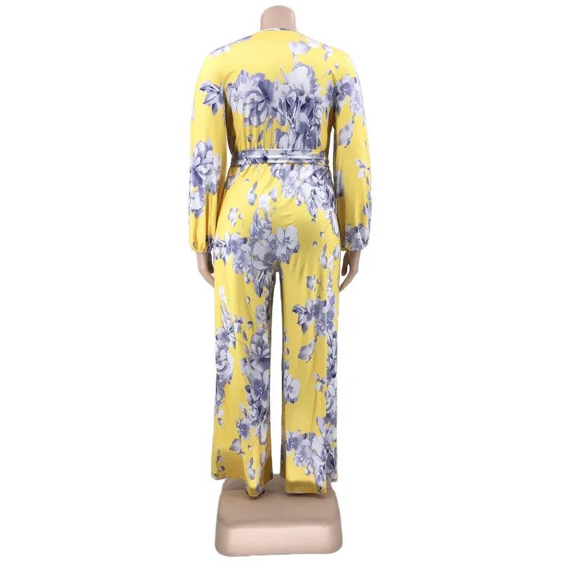 Perl Printed Curved Plus Size Clothing Fashion Loose Jumpsuit with Belt Wide Leg Overall Large Size Feminino Rompers Outfit - Shop & Buy