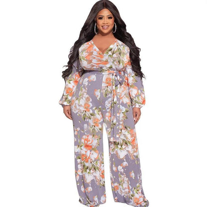 Perl Printed Curved Plus Size Clothing Fashion Loose Jumpsuit with Belt Wide Leg Overall Large Size Feminino Rompers Outfit - Shop & Buy