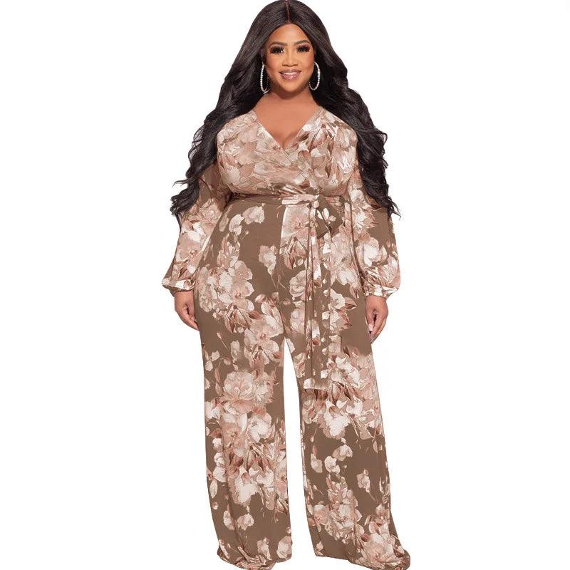 Perl Printed Curved Plus Size Clothing Fashion Loose Jumpsuit with Belt Wide Leg Overall Large Size Feminino Rompers Outfit - Shop & Buy