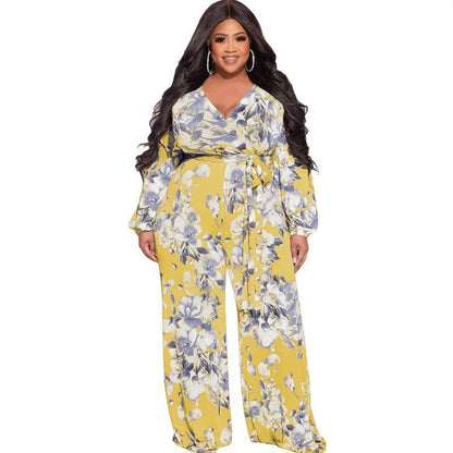 Perl Printed Curved Plus Size Clothing Fashion Loose Jumpsuit with Belt Wide Leg Overall Large Size Feminino Rompers Outfit - Shop & Buy