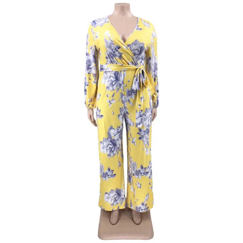 Perl Printed Curved Plus Size Clothing Fashion Loose Jumpsuit with Belt Wide Leg Overall Large Size Feminino Rompers Outfit - Shop & Buy