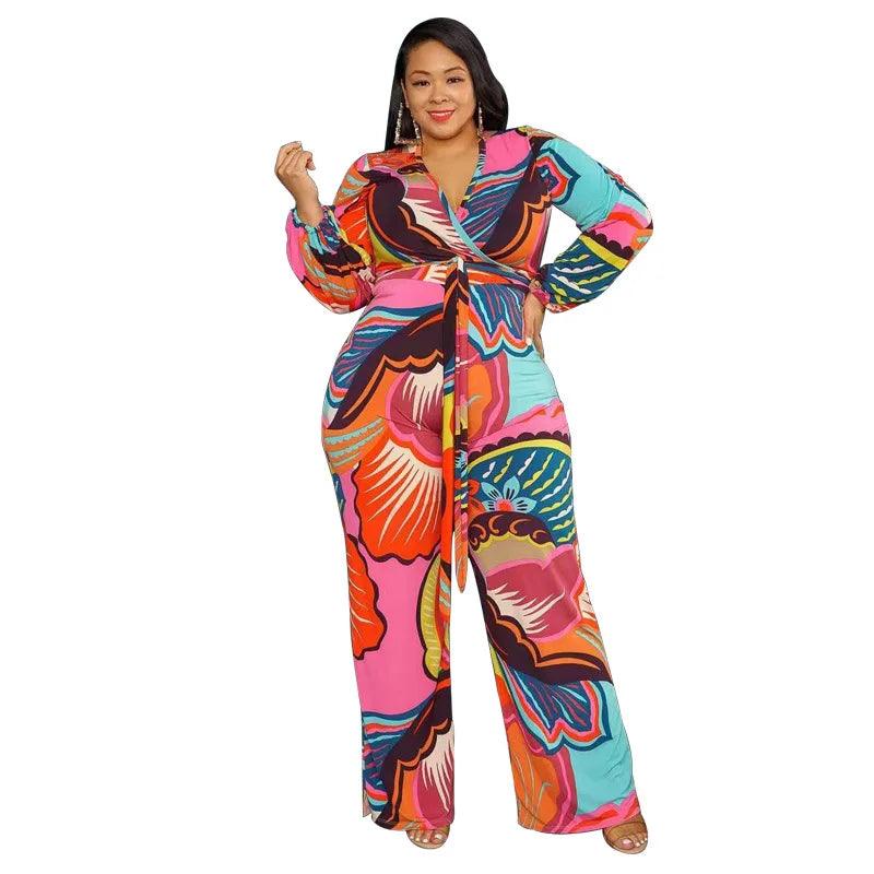 Perl Printed Wide Leg Jumpsuit for Women Plus Size Autumn Outfit Full Sleeve One Piece Overall Casual Rompers streetwear - Shop & Buy