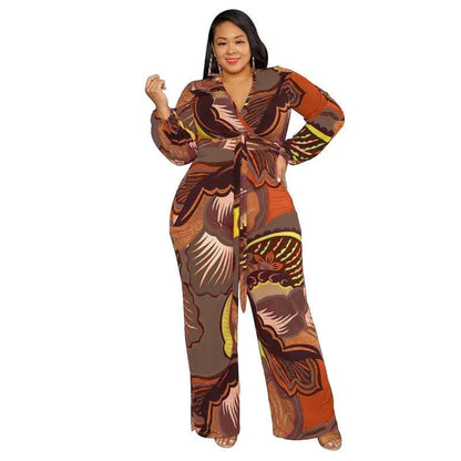 Perl Printed Wide Leg Jumpsuit for Women Plus Size Autumn Outfit Full Sleeve One Piece Overall Casual Rompers streetwear - Shop & Buy