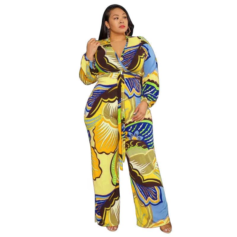 Perl Printed Wide Leg Jumpsuit for Women Plus Size Autumn Outfit Full Sleeve One Piece Overall Casual Rompers streetwear - Shop & Buy