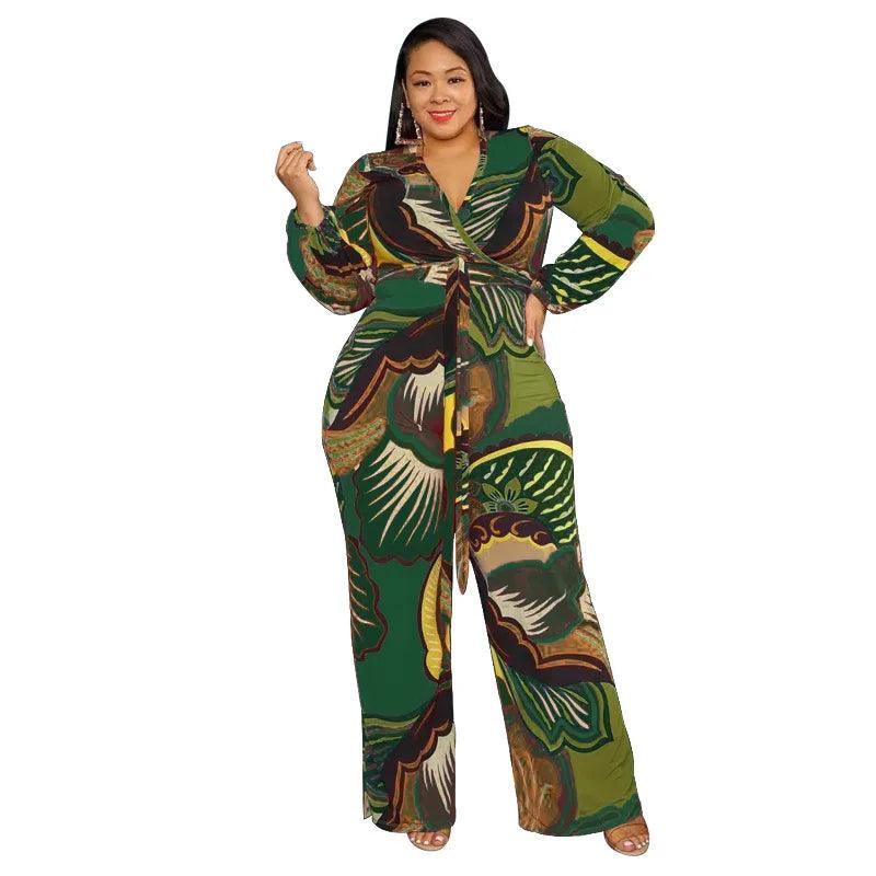 Perl Printed Wide Leg Jumpsuit for Women Plus Size Autumn Outfit Full Sleeve One Piece Overall Casual Rompers streetwear - Shop & Buy