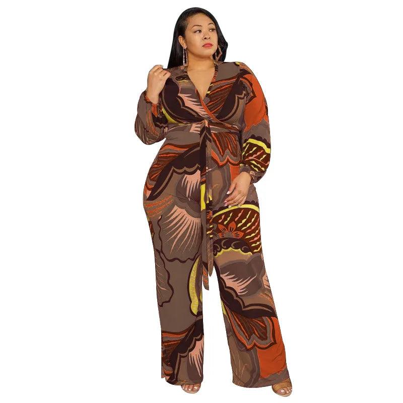 Perl Printed Wide Leg Jumpsuit for Women Plus Size Autumn Outfit Full Sleeve One Piece Overall Casual Rompers streetwear - Shop & Buy