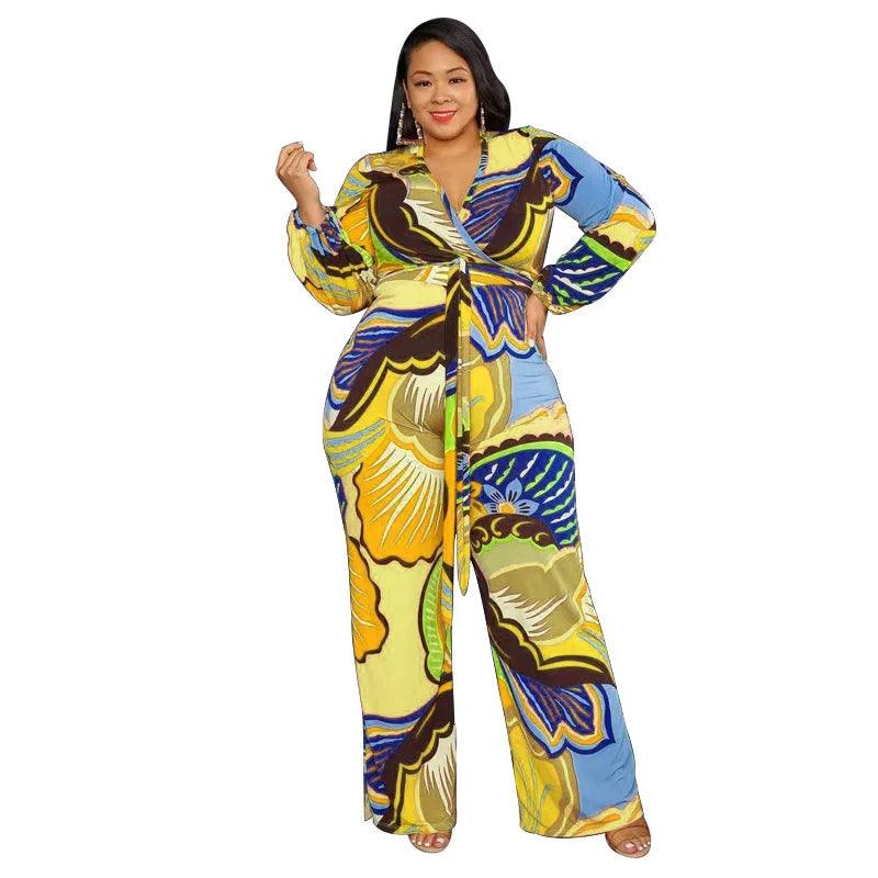 Perl Printed Wide Leg Jumpsuit for Women Plus Size Autumn Outfit Full Sleeve One Piece Overall Casual Rompers streetwear - Shop & Buy