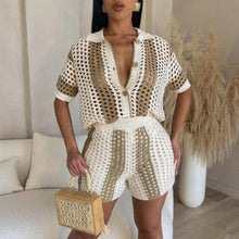 Load image into Gallery viewer, Perl Sexy Knitted Hollow Out Patchwork Two Piece Set Women Outfit Single Breasted +shorts Suit - Shop &amp; Buy
