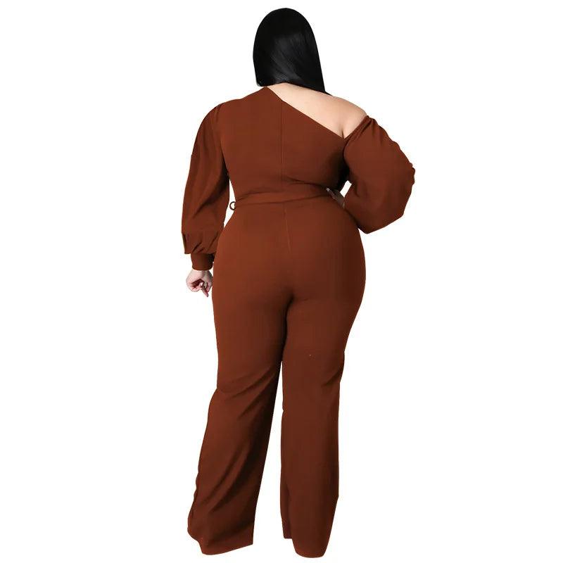 Perl Sloping Shoulders Plus Size Women Clothing Full Sleeve Jumpsuit with Belt Wide Leg One Piece Overall Autumn Outfit - Shop & Buy