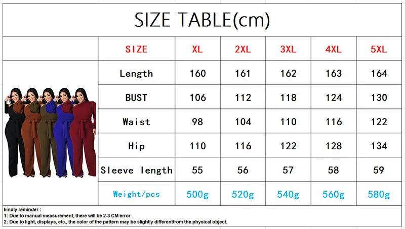 Perl Sloping Shoulders Plus Size Women Clothing Full Sleeve Jumpsuit with Belt Wide Leg One Piece Overall Autumn Outfit - Shop & Buy