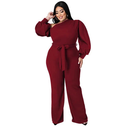 Perl Sloping Shoulders Plus Size Women Clothing Full Sleeve Jumpsuit with Belt Wide Leg One Piece Overall Autumn Outfit - Shop & Buy