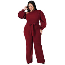 Load image into Gallery viewer, Perl Sloping Shoulders Plus Size Women Clothing Full Sleeve Jumpsuit with Belt Wide Leg One Piece Overall Autumn Outfit - Shop &amp; Buy
