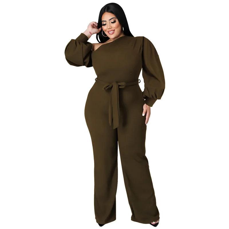 Perl Sloping Shoulders Plus Size Women Clothing Full Sleeve Jumpsuit with Belt Wide Leg One Piece Overall Autumn Outfit - Shop & Buy