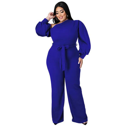 Perl Sloping Shoulders Plus Size Women Clothing Full Sleeve Jumpsuit with Belt Wide Leg One Piece Overall Autumn Outfit - Shop & Buy