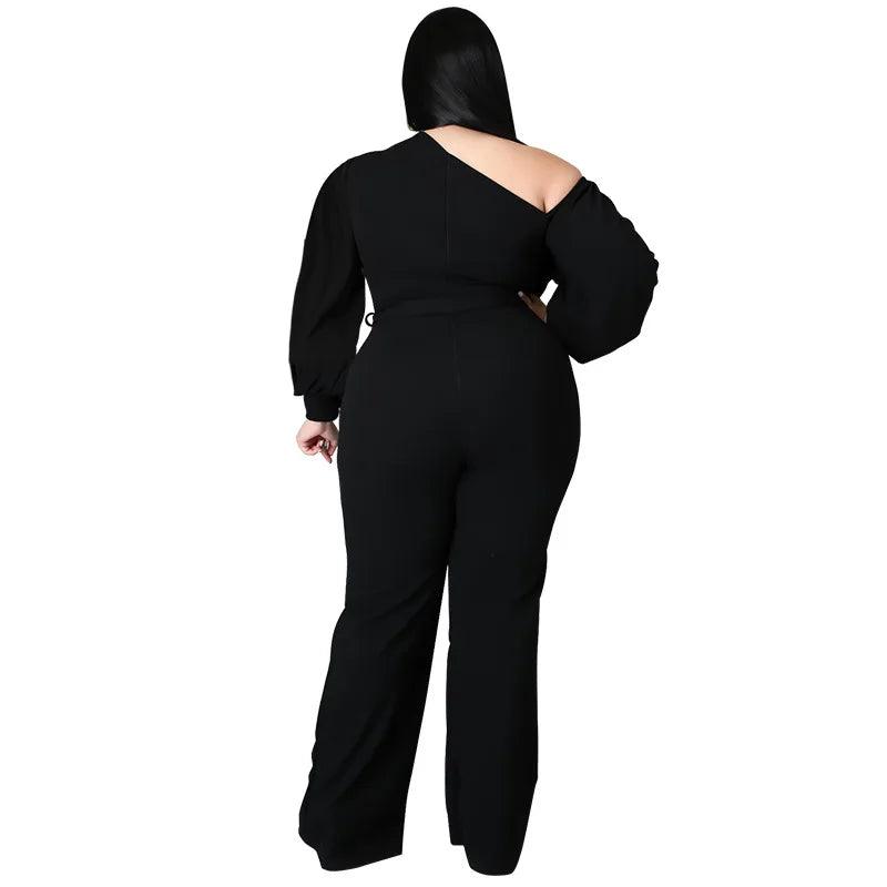 Perl Sloping Shoulders Plus Size Women Clothing Full Sleeve Jumpsuit with Belt Wide Leg One Piece Overall Autumn Outfit - Shop & Buy